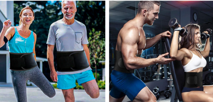 a colage showing two couples using slimwaist while working out outside and in the gym