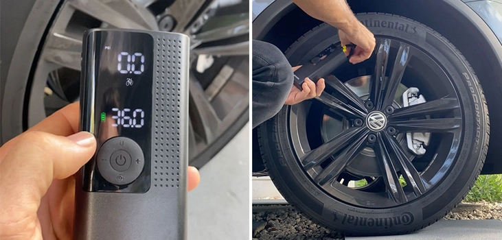 a collage of pictures. the 1st one shows airmoto and the second a man using it to inflate his tire.