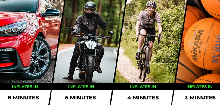 a collage of pictures exlaining the uses of airmoto and the time it takes to infalte different types of tires